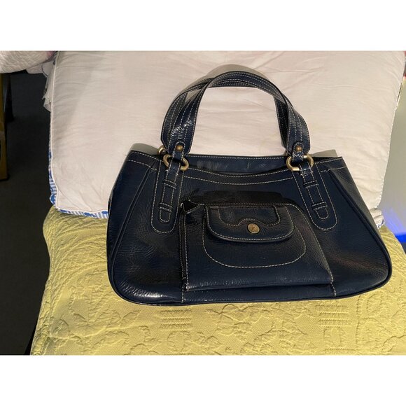 Perlina New York Navy Blue Faux Leather Shoulder Bag With Leopard Print Lining & - Picture 14 of 16